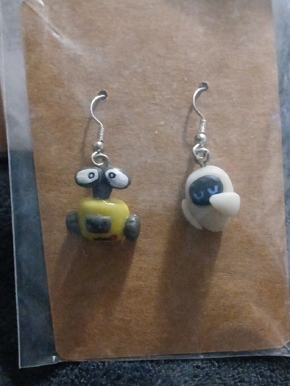 Handmade Wall-E and Eve Dangle Earrings - Yellow & White